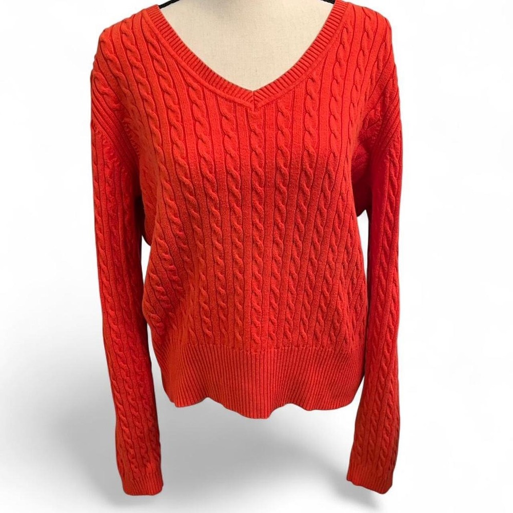 Tommy Hilfiger Orange V-neck Cable Knit Sweater Women's XL Preppy Academia Retro